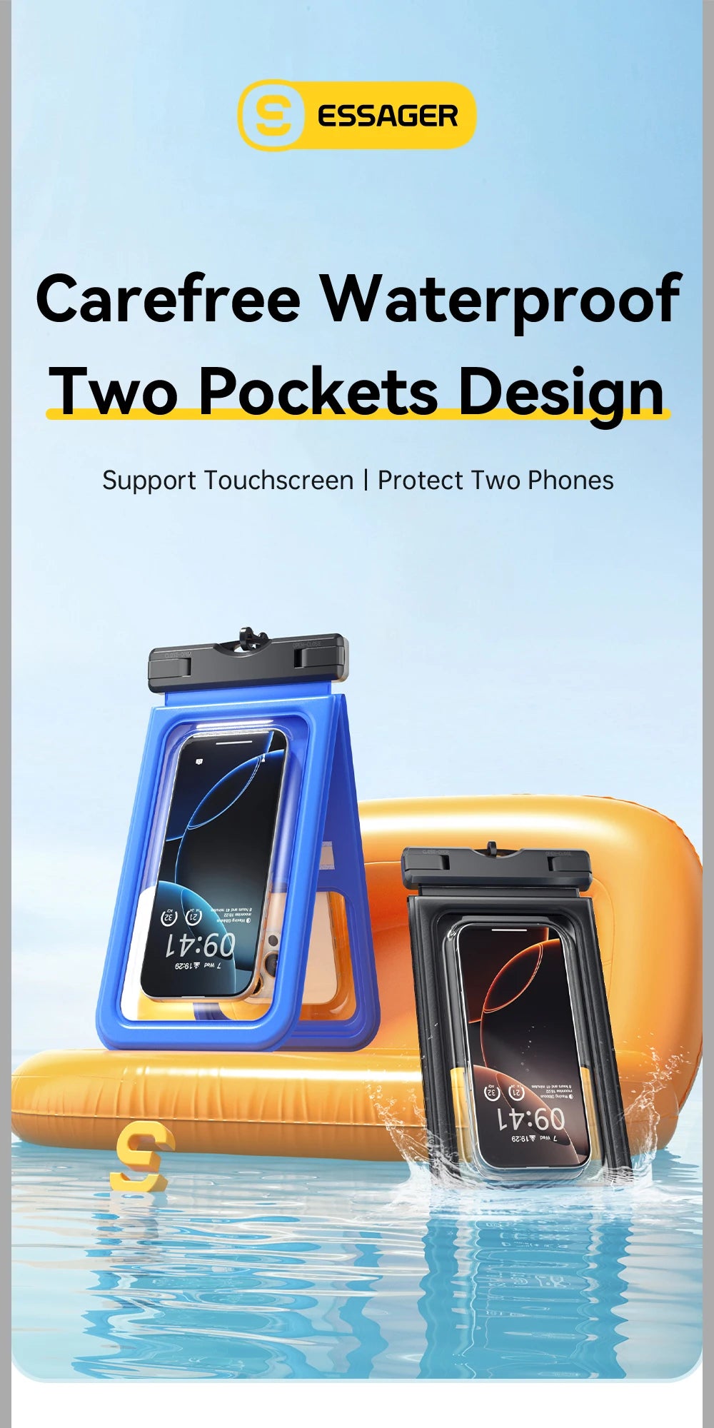 Essager IPX8 Dual-pocket Waterproof Phone Case for iPhone16 15 14 13 Floating Dry Bag for Snorkeling  Beach Swim Universal Cover