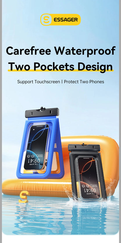 Essager IPX8 Dual-pocket Waterproof Phone Case for iPhone16 15 14 13 Floating Dry Bag for Snorkeling  Beach Swim Universal Cover