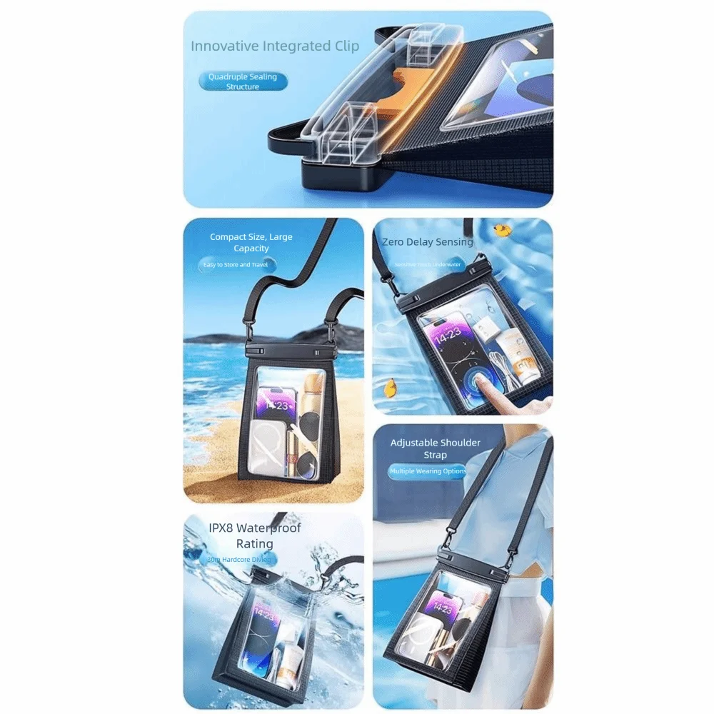Touch Screen Waterproof Phone Bag Adjustable Lanyard Stereoscopic Underwater Swim Storage Pouch Large Capacity IPX8 Waterproof