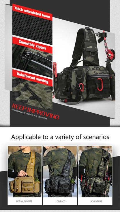 Fishing Tackle Bag with Rod Holder Outdoor Outdoor Sports Tactical Waist Gear Lure Pack Hiking Climbing Camping Travel Backpack