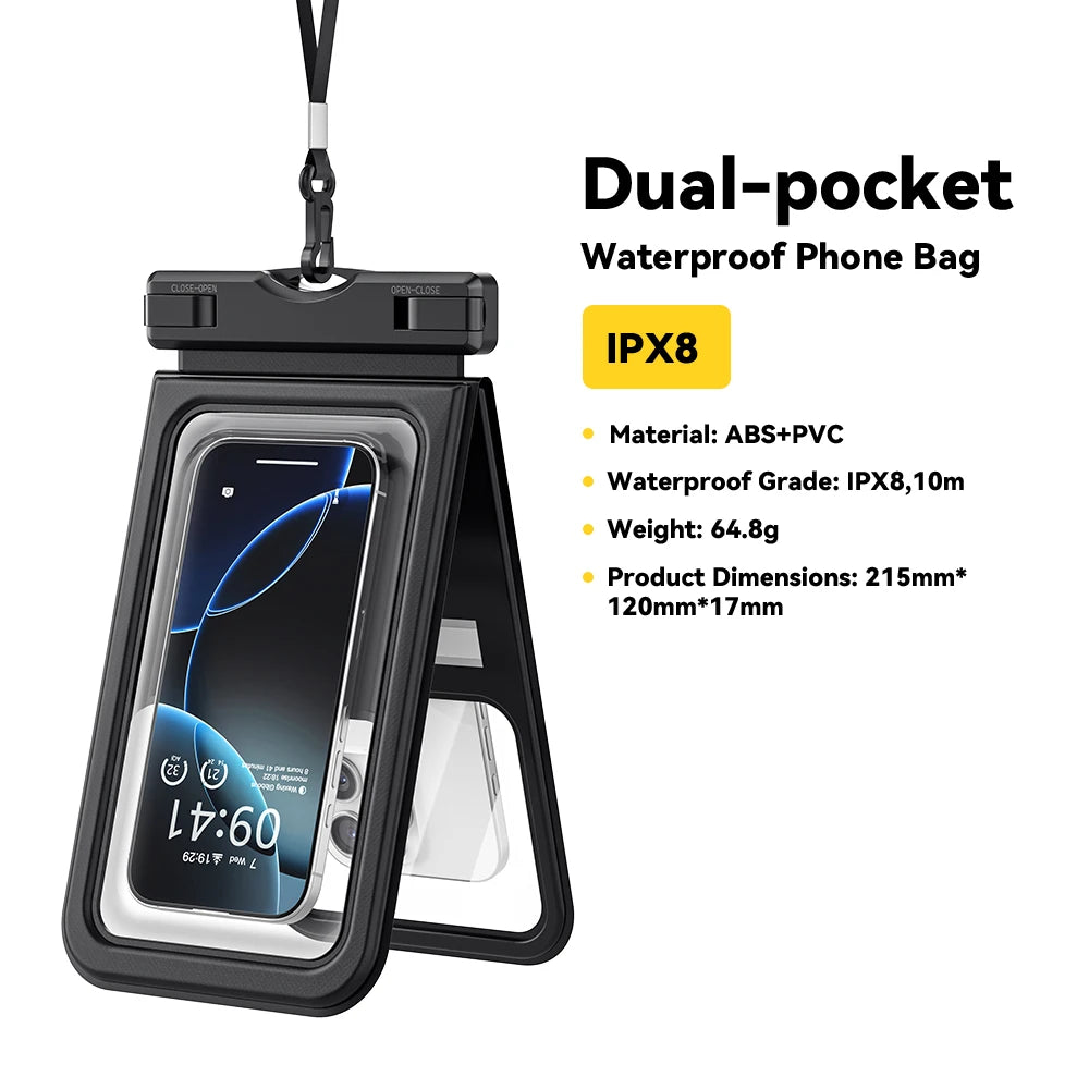 Essager IPX8 Dual-pocket Waterproof Phone Case for iPhone16 15 14 13 Floating Dry Bag for Snorkeling  Beach Swim Universal Cover
