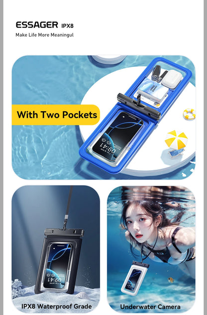 Essager IPX8 Dual-pocket Waterproof Phone Case for iPhone16 15 14 13 Floating Dry Bag for Snorkeling  Beach Swim Universal Cover