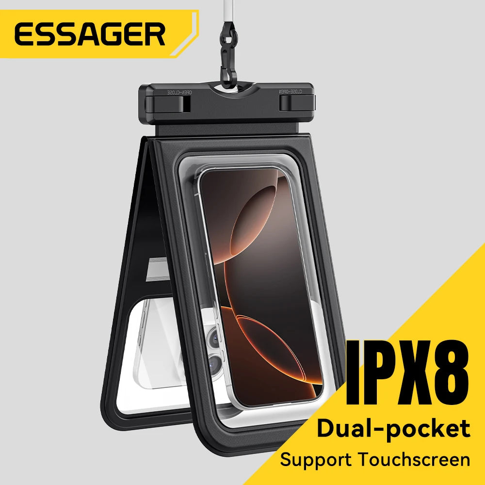 Essager IPX8 Dual-pocket Waterproof Phone Case for iPhone16 15 14 13 Floating Dry Bag for Snorkeling  Beach Swim Universal Cover