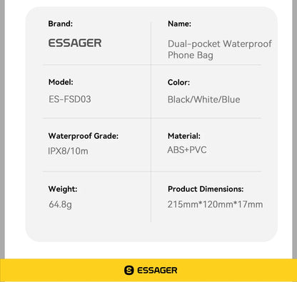 Essager IPX8 Dual-pocket Waterproof Phone Case for iPhone16 15 14 13 Floating Dry Bag for Snorkeling  Beach Swim Universal Cover